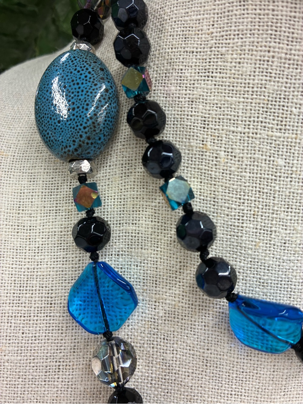 Artisan Sapphire Blue Glass Pottery Multi-Bead Statement Necklace - Picture 6 of 11